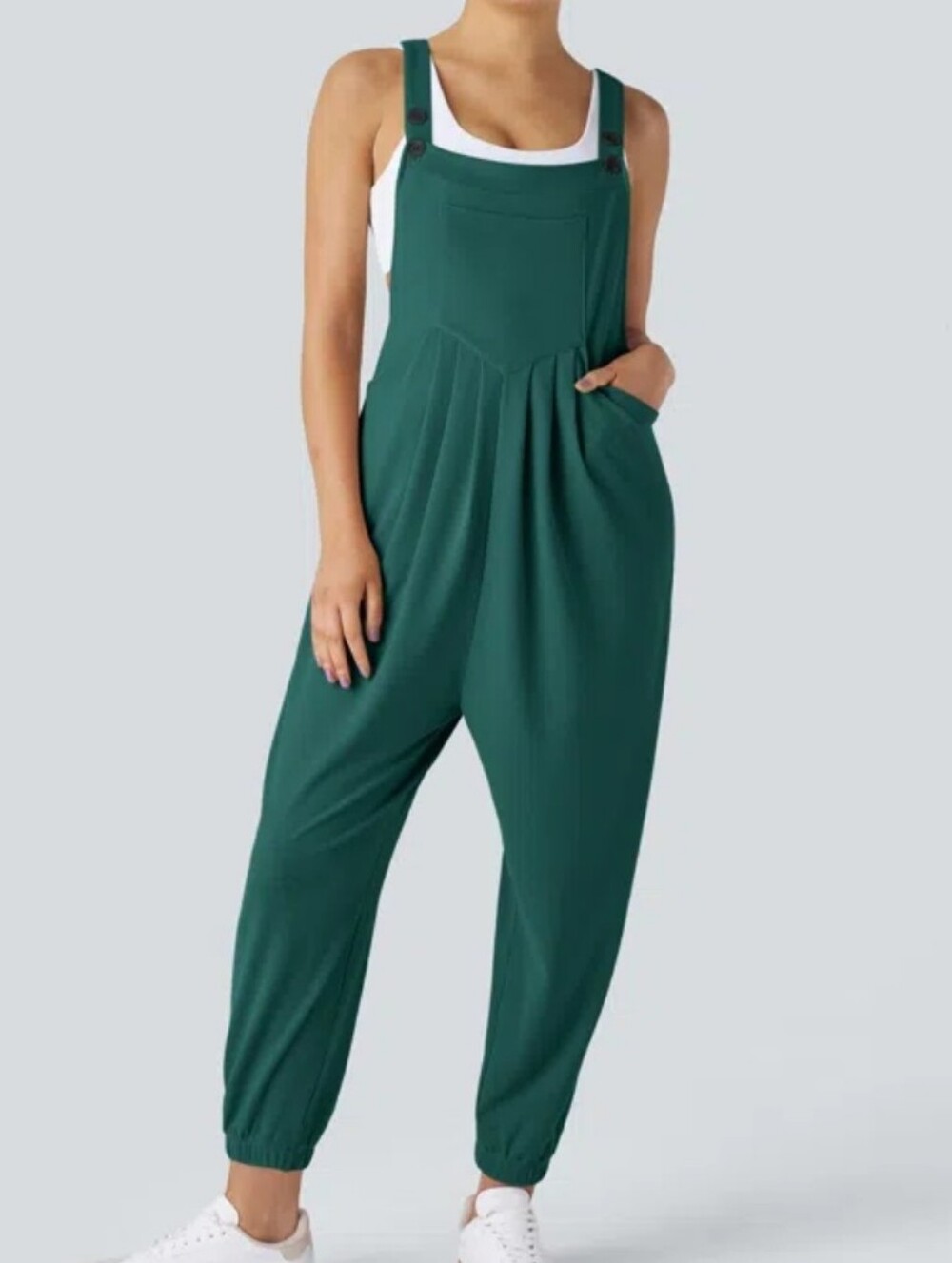 Halara Adjustable Strap Cuffed Waffle Knit Casual Overalls Forest Biome Green M - Picture 2 of 14
